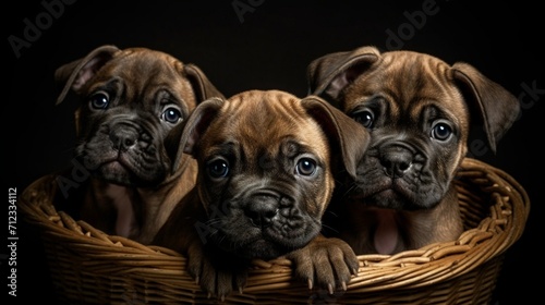 Three brindle puppies in the basket