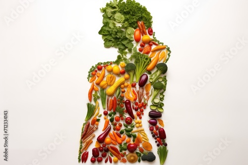 Fototapeta Naklejka Na Ścianę i Meble -  Shape of a woman made with vegetables and fruits on white. Generative ai