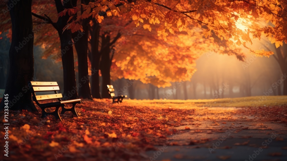 Empty benches in the park Autumn colors, beautiful morning sunshine, fallen leaves cover on the ground. Generative ai