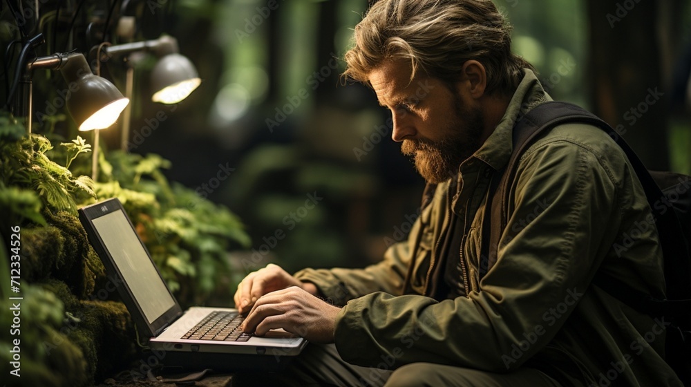 A man working on a laptop in the lush forest