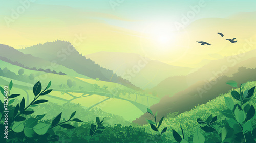 Green tea plantation landscape. Rural farmland fields, Terraced farmer, hills with greenery and mountain on horizon