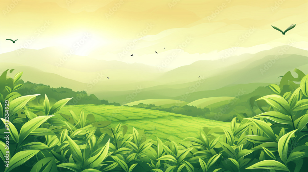 Green tea plantation landscape. Rural farmland fields, Terraced farmer, hills with greenery and mountain on horizon