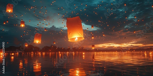 Dusk Wishes: Lanterns Ascend, Skyward Glow in the Evening - Tranquil Atmosphere - Capture the Magical Beauty of Floating Wishes at Twilight