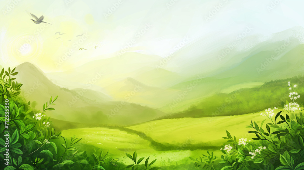 Fototapeta premium Green tea plantation landscape. Rural farmland fields, Terraced farmer, hills with greenery and mountain on horizon