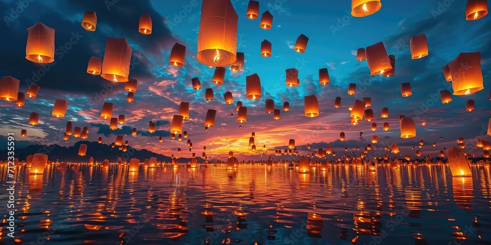Evening Horizon Aglow: Countless Ascending Lanterns Illuminate the Sky - Breathtaking Atmosphere - Capture the Majestic Beauty of Lanterns Rising at Dusk