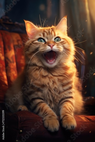 Funny portrait of a Happy smiling red cat in a home interior