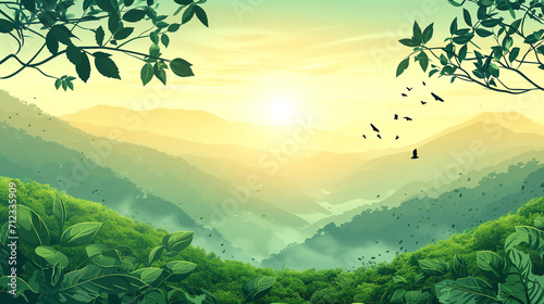 Green tea plantation landscape. Rural farmland fields, Terraced farmer, hills with greenery and mountain on horizon