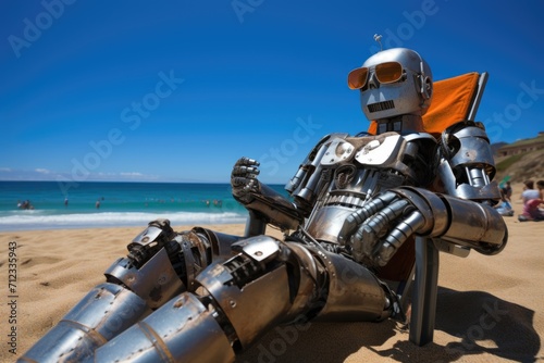 The robot is resting on a chaise longue. The robot is sunbathing on a sunny beach near the sea © Александр Лобач