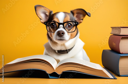 dog with glasses sitting in front of an open book reading on a yellow background front view looking at the camera © Kseniya Ananko