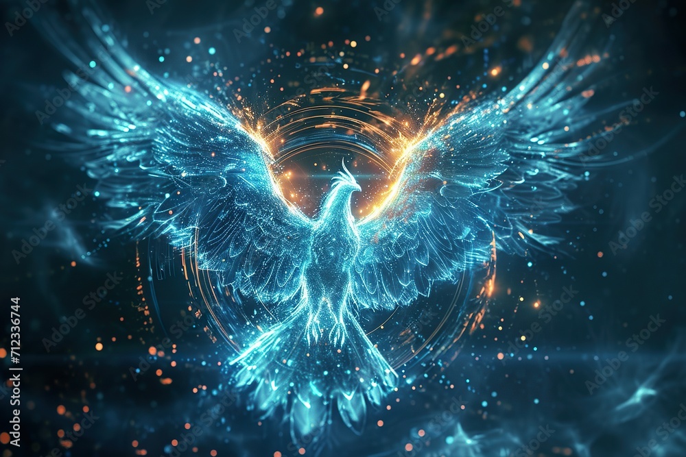 The outline of a blue phoenix, showcase interface cosmic background - obrazy, fototapety, plakaty 