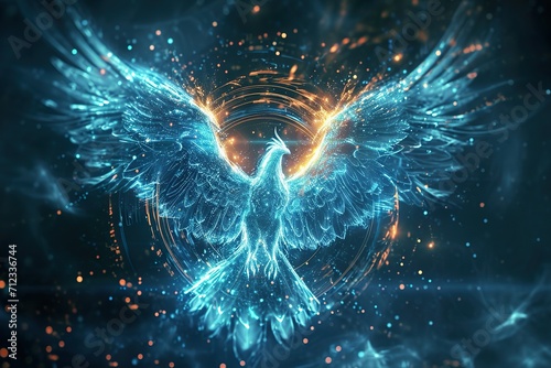 The outline of a blue phoenix, showcase interface cosmic background © jakapong