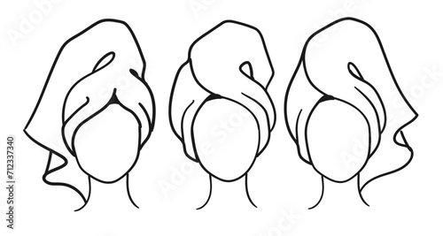 Vector illustration line art sketches of female faceless portraits wrapped with towel