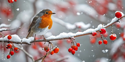 Winter Elegance: Robin Perched Among Snow-Laden Branches - Serene Atmosphere - Capture the Graceful Beauty of a Winter Scene with a Robin in Nature © SurfacePatterns