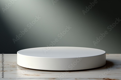 White product placement podium on a marble table with copy space. Product showcase stand for commercial display. Generative AI.