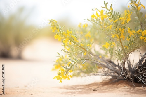 creosote bush with yellow flowers in a desert scene photo