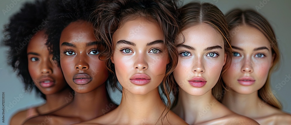 A diverse group of stunning women showcasing natural beauty and radiant, flawless skin. Creative concept of choosing foundation depending on skin color, palette of foundation.