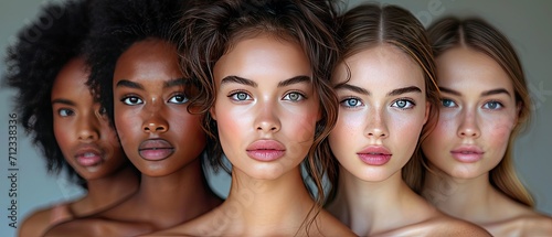 A diverse group of stunning women showcasing natural beauty and radiant, flawless skin. Creative concept of choosing foundation depending on skin color, palette of foundation.