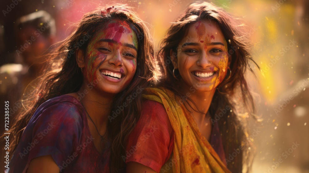 Holi festival, two young Indian girls celebrate Holi, with colorful Holi powder. Generative ai Holi festival, two young Indian girls celebrate Holi, with colorful Holi powder. Generative ai