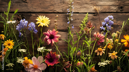 Flowers on a wooden background with a wooden sign that spring, generative ai