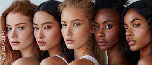 A diverse group of stunning women showcasing natural beauty and radiant, flawless skin. Creative concept of choosing foundation depending on skin color, palette of foundation. photo