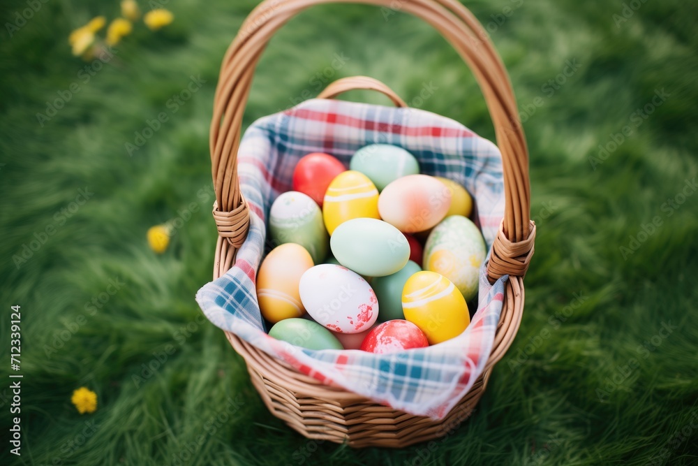 brightly colored eggs nestled in green grassfilled wicker basket