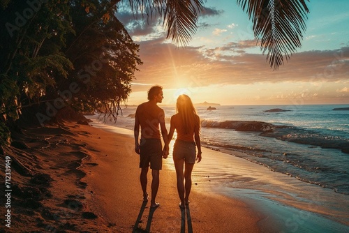Loving pair walking on a tropical beach at dusk, ideal for vacation ads or romantic getaways photo