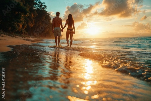 Couple strolling on the beach during golden hour, great for summer holiday campaigns or romantic getaway promotions