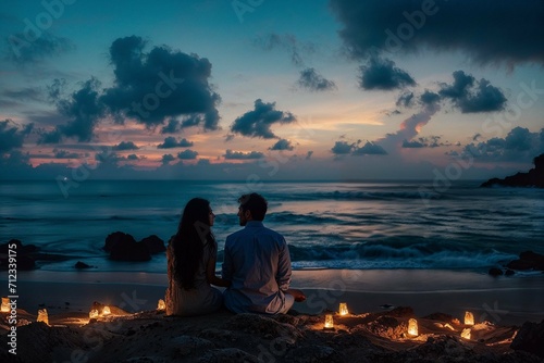Couple sitting by candlelight on a beach at dusk, perfect for romantic getaways or travel agency advertisements