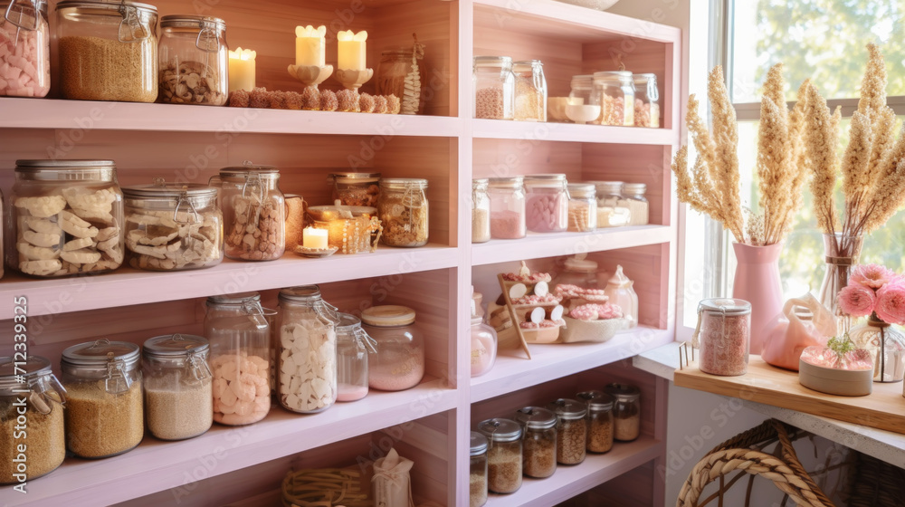 Organization of food storage. Cozy pantry with glass jars and wicker baskets. Light pink colour palette. Generative AI