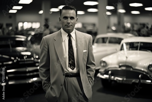 A man in a formal suit against the background of many old cars. Retro photography © Александр Лобач