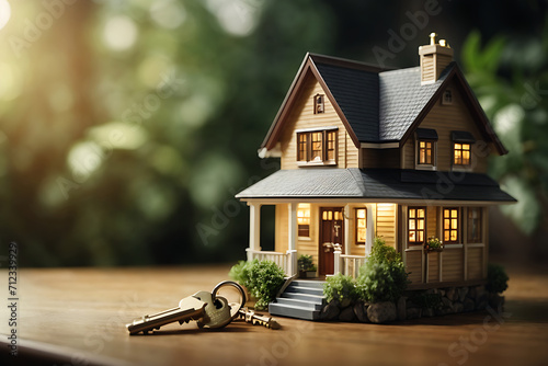 Miniature house and key. The concept for a mortgage, renting or buying a house, real estate, investment, property concept wholesale. photo