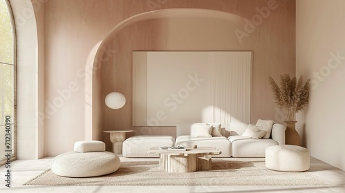 2d mockup of living room in pastel colors, in the style of light emerald and beige, arched doorways, natural fibers, light pink and brown