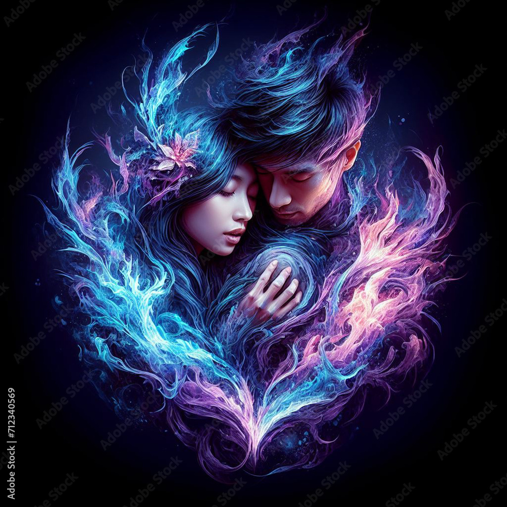 Twin flame couple. Soulmates. The concept of magical, esoteric, tantric, spiritual love. Connection between souls. Illustration for websites and much more. Created using generative ai tools Twin flame couple. Soulmates. The concept of magical, esoteric, tantric, spiritual love. Connection between souls. Illustration for websites and much more. Created using generative ai tools