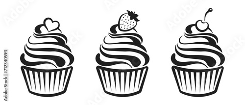 Set of linear cupcake silhouettes, line art, clipart isolated on white background. Sweet desserts. Food illustration, vector