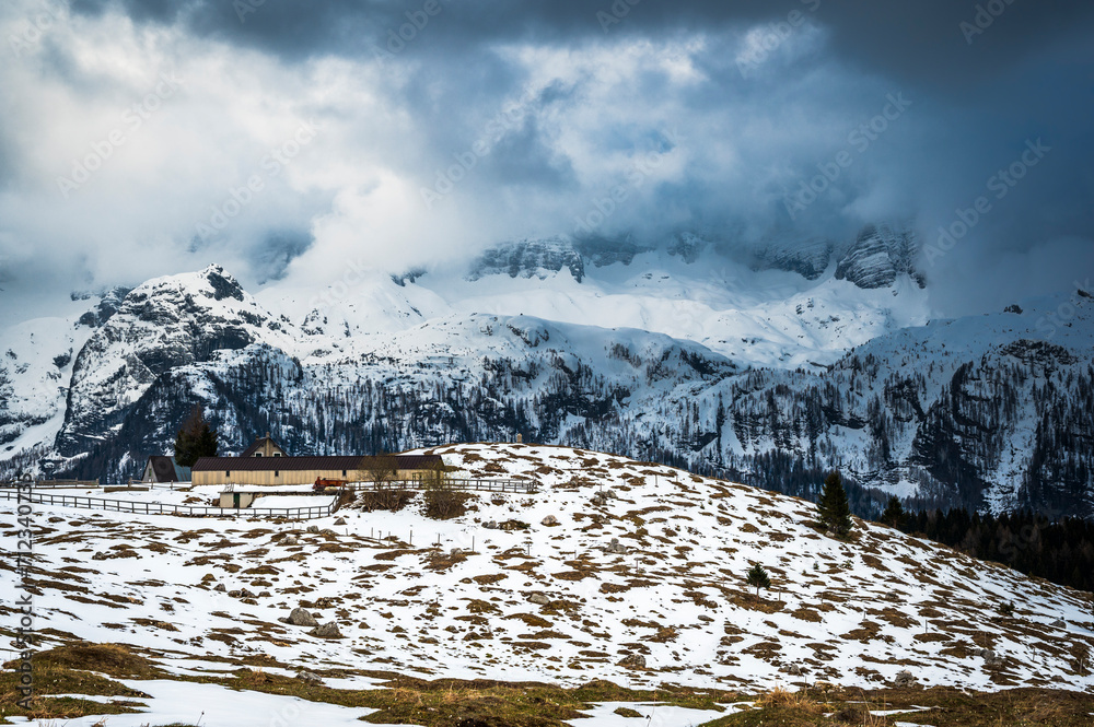 Fototapeta premium Snow on Mount Canin and Montasio. Spring snow