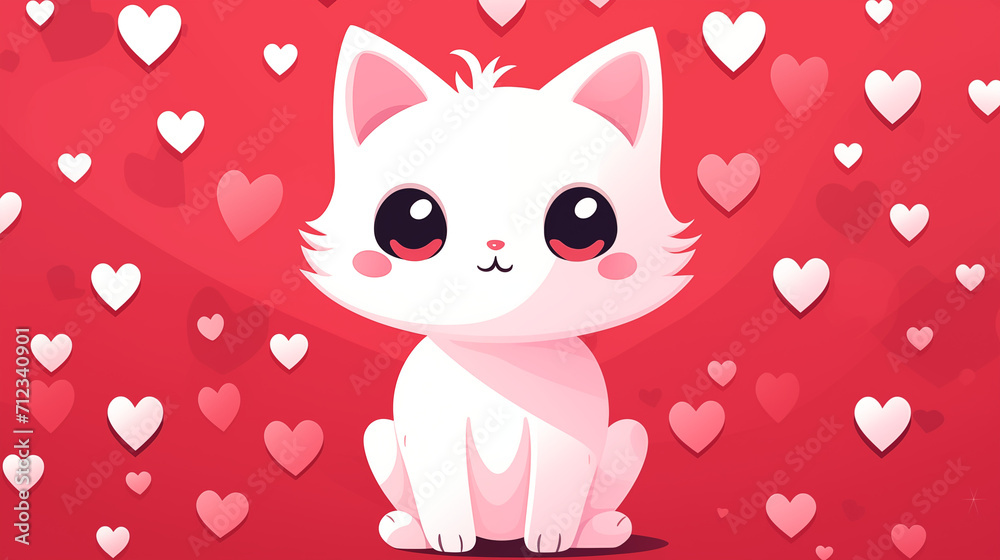 a white cartoon cat on the red background with hearts for Valentine's Day a white cartoon cat on the red background with hearts for Valentine's Day