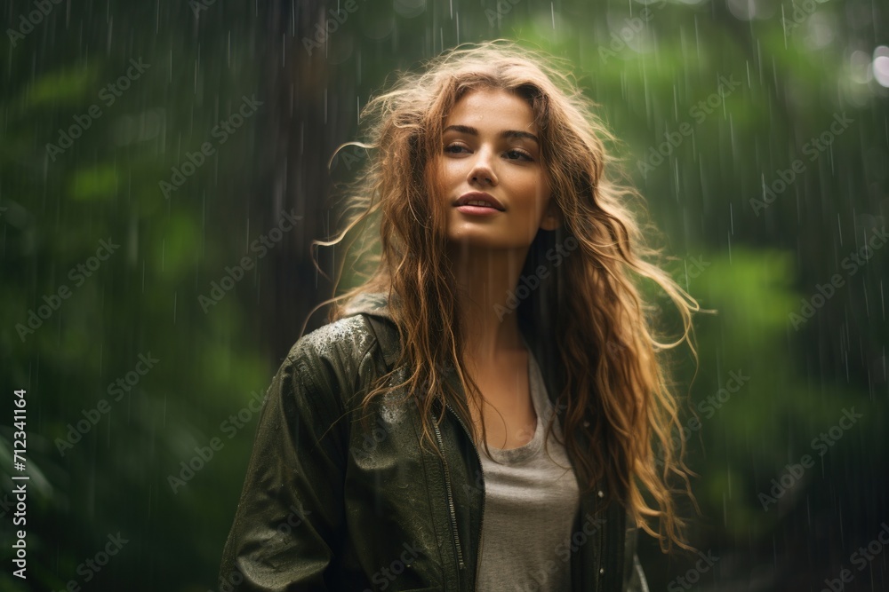 Rain-kissed serenity, a woman's tranquil moment in nature Rain-kissed serenity, a woman's tranquil moment in nature