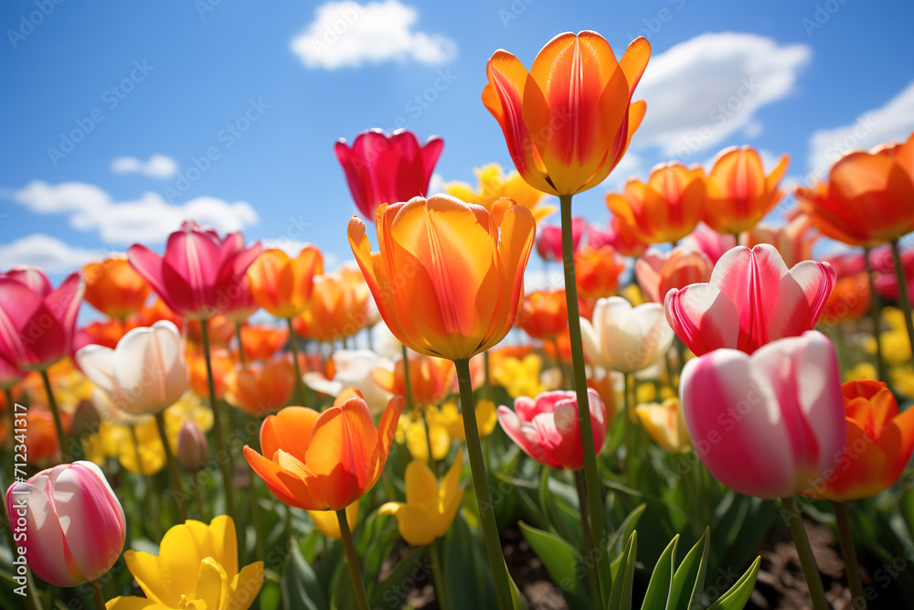 Vibrant tulips in shades of pink, orange, and yellow bloom under the clear blue sky of a springtime garden, with tall trees and manicured greenery in the background.