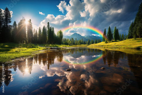 Beautiful vibrant rainbow over a picturesque spring lake in nature. A beautiful view with a rainbow stretching across the sky over a tranquil lake