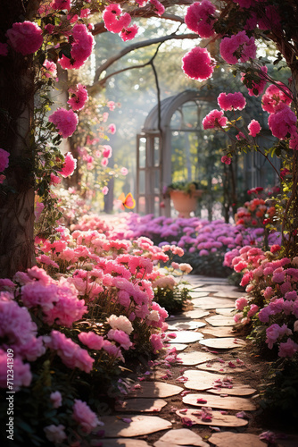 A tranquil stone walkway meanders through a vibrant display of pink spring flowers in the soft morning light, creating a soothing garden scene.