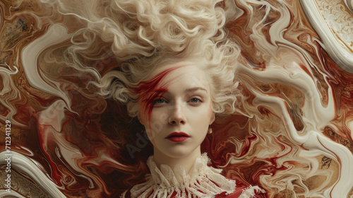 A woman with white hair and red makeup, baroque style, surrounded by swirls and paint streaks