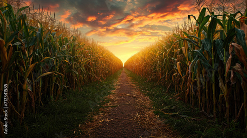 Young boy wanders in path made through corn field as leisure activity