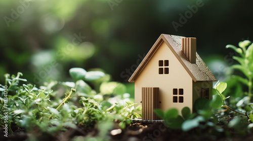 Quaint Toy House Amidst Lush Greenery - Real Estate Concept with Mortgage Symbolism, Isolated Background, and Copy-Space