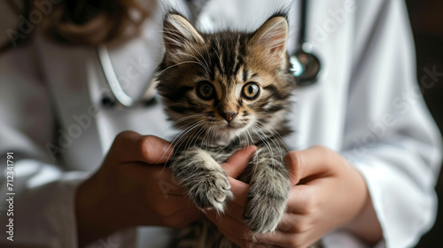 The veterinarian holds a small kitten in his hands. selective focus. Generative AI,
