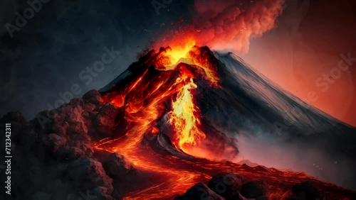 An erupting volcano emits hot lava flowing from its peak photo