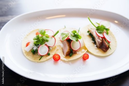 carnitas street tacos with radish slices and chile sauce