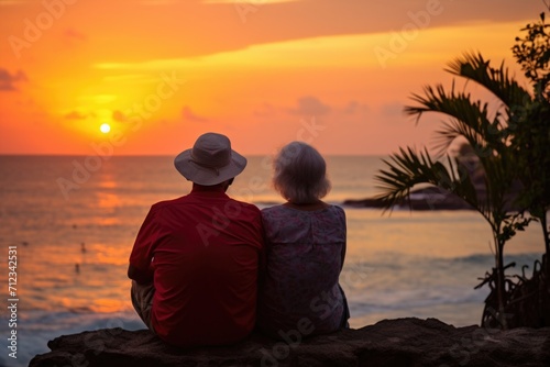 Silhouette of an elderly couple waiting for a colorful sunset sitting by the ocean © Александр Лобач