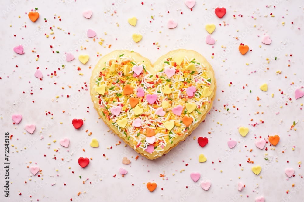 top view of a donut with heart-shaped sprinkles