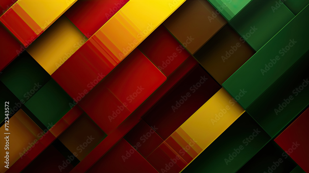 Geometric Square Shape Cube Blocks Digital Art. Red, Yellow, and Green Polygon Abstract Background for Black History Month - obrazy, fototapety, plakaty 