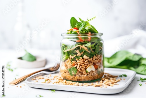 farro salad in glass jar, layered with fresh spinach photo